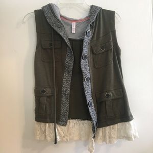 Button Up Vest with Lace Detail and Hood